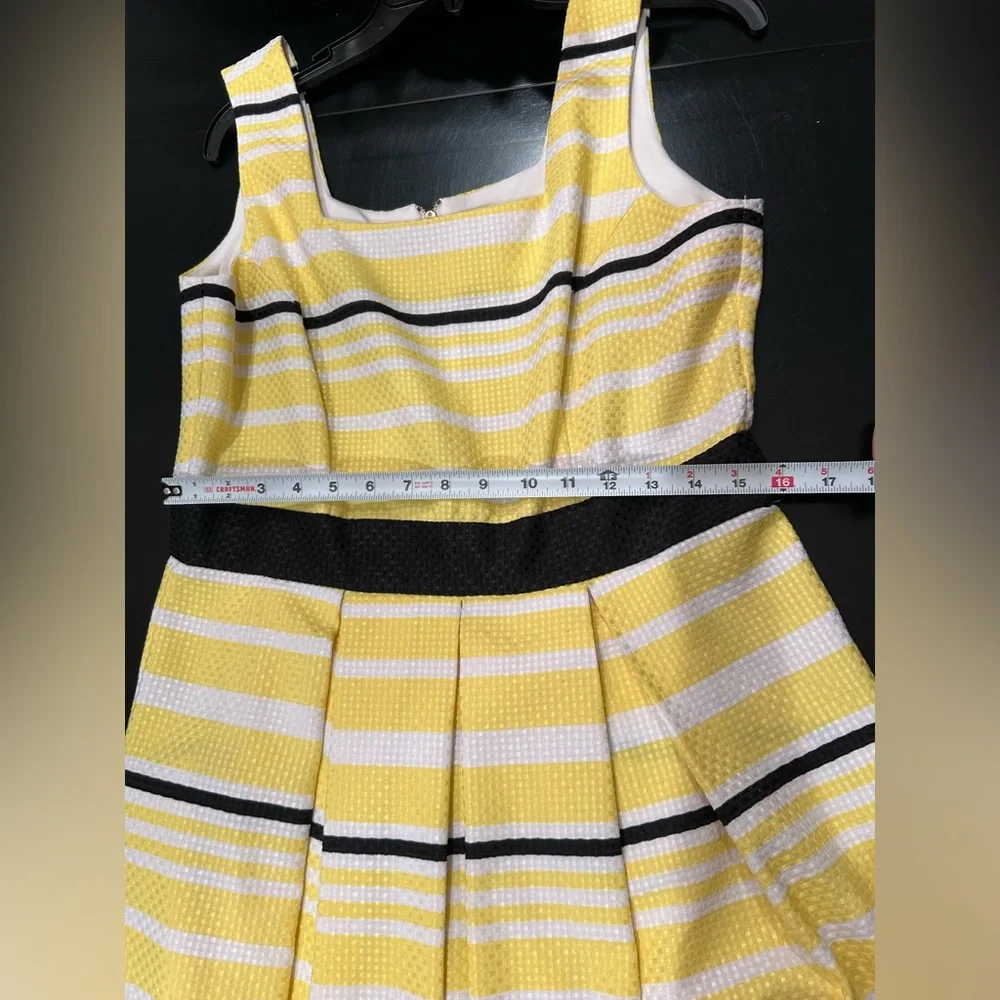 Danny & Nicole‎ Dress 12 Yellow Stripe Pleated Sleeveless Square Neck Fit Flare
